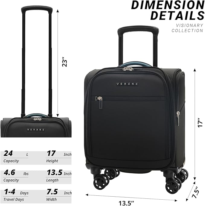 Verage Under Seat Luggage with Wheels, Softside Small Suitcase Spinner Carry On Luggage Bags for Airlines Airplanes Short Trip Men Women (Black, 14-Inch Underseat)