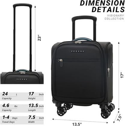 Verage Under Seat Luggage with Wheels, Softside Small Suitcase Spinner Carry On Luggage Bags for Airlines Airplanes Short Trip Men Women (Black, 14-Inch Underseat)