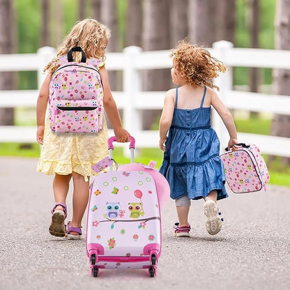 Goplus 5 Piece Kid’s Luggage Set, 16” Carry on Suitcase w/13” Backpack, Neck Pillow, Hardside Spinner Toddler Luggage, Travel Rolling Suitcase for Boys Girls Gifts (Pink, Owl)