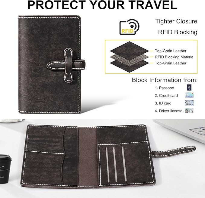 Leather Passport Holder for Travel Women Men, RFID Blocking Card Slot, Top-Grain leather with Magic Buckle, Boarding Pass Pocket,Retro Passport Wallet,Dark Gray