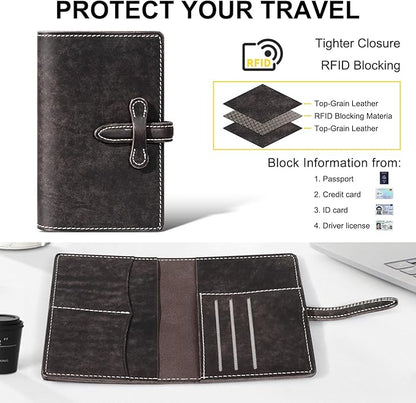 Leather Passport Holder for Travel Women Men, RFID Blocking Card Slot, Top-Grain leather with Magic Buckle, Boarding Pass Pocket,Retro Passport Wallet,Dark Gray