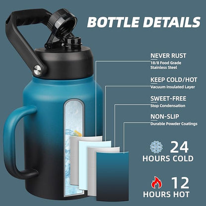 BJPKPK 64oz Insulated Water Bottle with Handle, Large Dishwasher Safe Half Gallon Water Bottle, BPA Free Water Jug, Wide Mouth Metal Flasks with Anti-slip Bottom, Keep Cold & Hot, Blue & Black