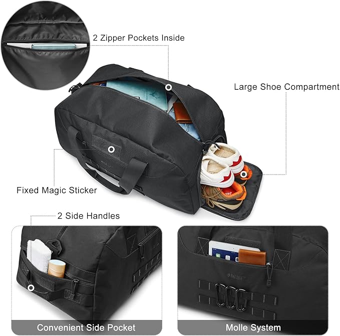 G4Free 70L Large Tactical Duffle Bag Men Sports Gym Backpack with Shoes Compartment Military MOLLE Duffel Backpack ( Black)