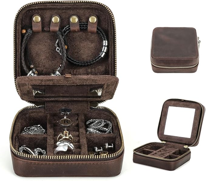 CONTACTS Genuine Leather Jewelry Box Travel Jewelry Storage Organizer for Men Portable Case for Cufflinks Ring Necklace Earrings with Mirror, Square+mirror, Coffee