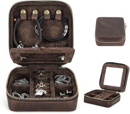 CONTACTS Genuine Leather Jewelry Box Travel Jewelry Storage Organizer for Men Portable Case for Cufflinks Ring Necklace Earrings with Mirror, Square+mirror, Coffee