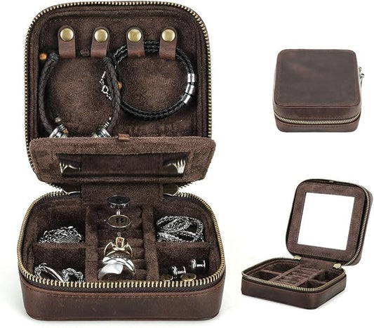 CONTACTS Genuine Leather Jewelry Box Travel Jewelry Storage Organizer for Men Portable Case for Cufflinks Ring Necklace Earrings with Mirror, Square+mirror, Coffee