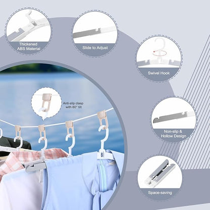 6 Pack Foldable Travel Hangers with Clips & Adjustable Clothesline, Portable Collapsible Hangers with Storage Bag for Suitcase, Hotel, RV, Cruise Essentials Set (Grey)