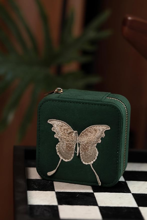 S.Leaf Travel Jewelry Organizer Boxes for Women Small Portable Necklace Earrings Bracelet Rings Travel Case Best Friend Birthday Gifts for Women Trendy (Butterfly_Green_Gold)