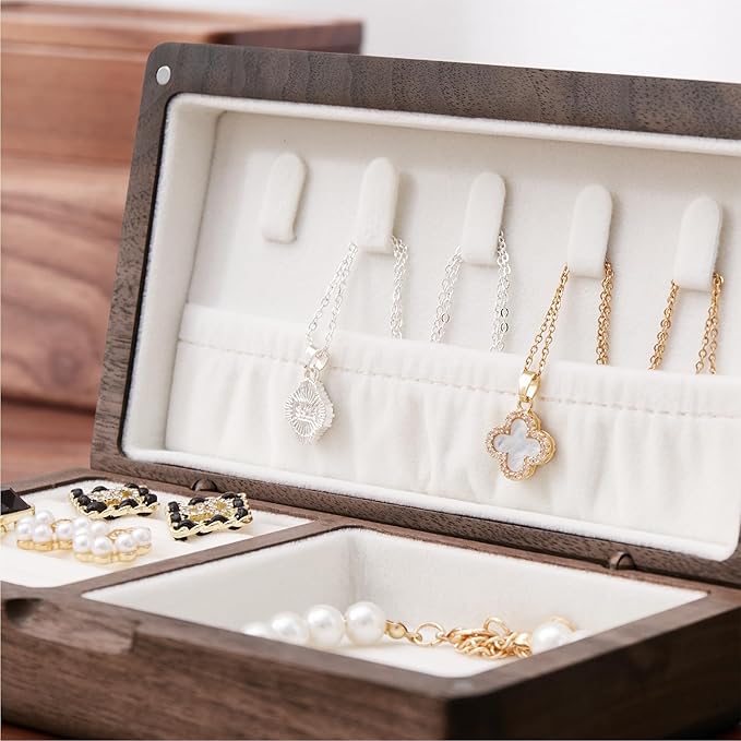 Walnut Wooden Small Jewelry Box - Mini Wood Travel Jewelry Case Portable Organizer for Rings, Earrings, Necklaces & Bracelets Storage Women Girls Men (White)