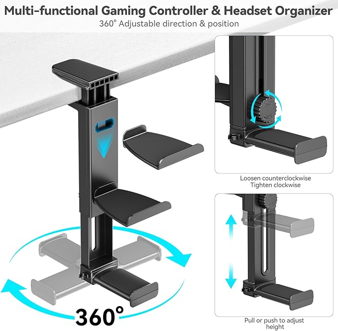 Controller Holder & Headphone Stand Under Desk with Adjustable Clamp, Controller Stand&Headset hanger for Desk Mount with 360° Rotating Hook & Cable Organizer, 3-in-1 Gaming Accessories Organizer