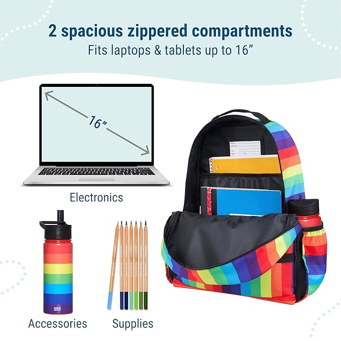 Wildkin ECO rPET 17-inch Large Backpack – Sustainable, Padded, Adjustable – Rainbow Stripe