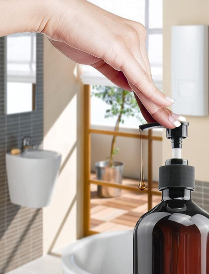 Empty Plastic Bottles with Pump Dispenser and Labels Included, Refillable Travel Containers for Hand sanitizer Shampoo Lotion, etc - No BPA/Parabenf, 500ml/16.9oz (Amber, 4 Pack)