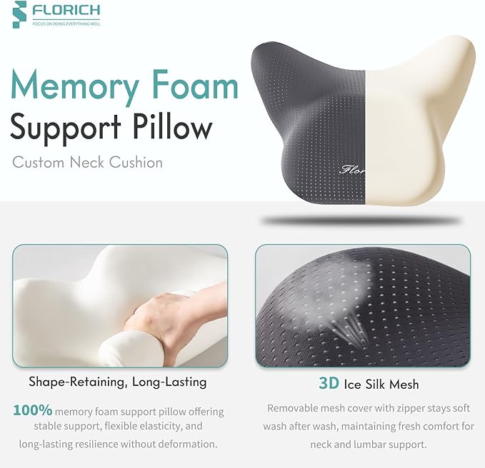 FLORICH Car Seat Cushion and Lumbar Support Pillow for Office Chair Car, Neck Headrest Pillow, Ergonomic Memory Foam, Pressure-Relieving Back Support for Car, Office Chair & Wheelchair – Gray