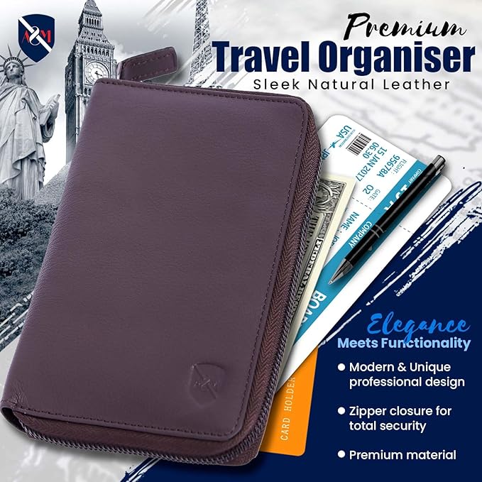 ALLEN & MATE Passport Holder Travel Wallet, 100% Leather RFID Blocking Travel Document Organiser for Men & Women