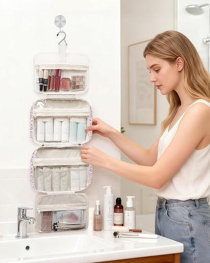 Narwey Travel Toiletry Bag for Women Large Hanging Makeup Bag Organizer Toiletries Bag for Full Size Essentials Accessories Cosmetics (Green Leaves and Flower (Large))