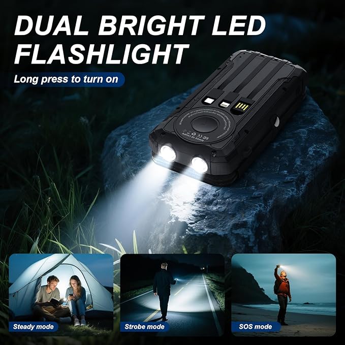 Portable Charger 20000mAh Solar Power Bank Built-in 3 Cables and Wireless Charging Battery Pack Compatible for iPhone, Samsung, IPX5 Waterproof, Bright Flashlight Perfect for Camping, Hiking, Outdoor