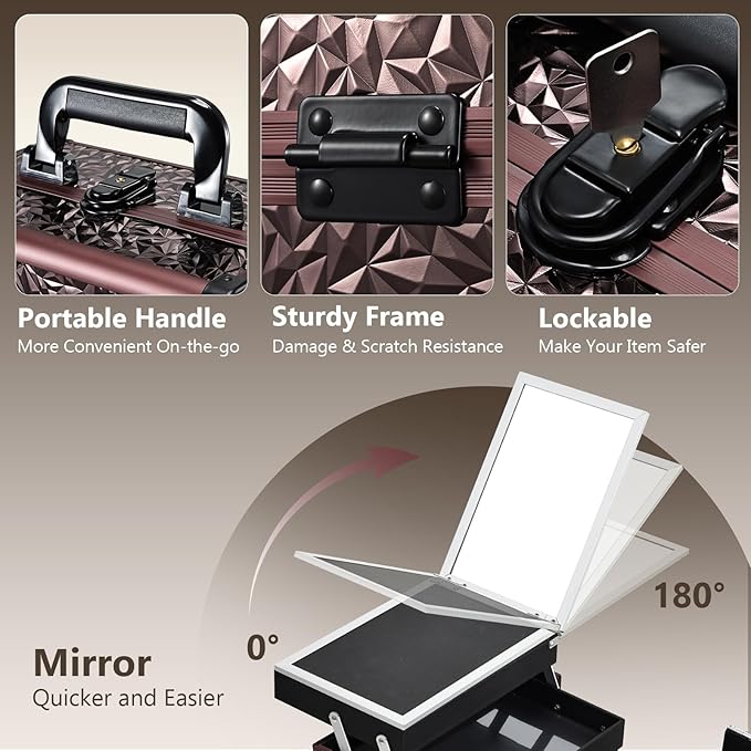 Joligrace Makeup Train Case Cosmetic Box Portable Makeup Case Organizer 2 Trays Makeup Storage with Mirror Locking for Cosmetologist Aesthetic Supplies Nail Tech Traveling Makeup Box Dark Brown