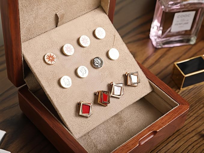 Rosewood Cufflink Organizer Storage Box No-Veneer Solid Wood Craftsmanship Hold 12 Cufflinks Rings Earrings Smooth Surface Soft Coral Fleece Lining Compact for Travel Gift Jewelry Enthusiasts