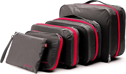Bee Nesting BeeNesting Waterproof Compression Packing Cubes 5/6/8 sets, Large Travel Packing organizers for Carry on Luggage, 2 Sides Expandable Storage Bags (Grey Red, G5set)