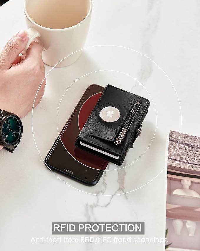 Mens Wallet Card Holder for AirTag, Leather Smart Wallet for Men, Airtag Wallet Pop Up Wallet, RFID Blocking, Slim, Carbon Fiber, Minimalist - 10-14 Card Capacity | ID Window | Cash Slot (Black)