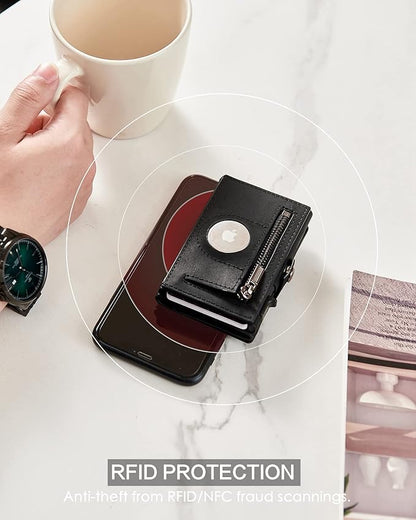 Mens Wallet Card Holder for AirTag, Leather Smart Wallet for Men, Airtag Wallet Pop Up Wallet, RFID Blocking, Slim, Carbon Fiber, Minimalist - 10-14 Card Capacity | ID Window | Cash Slot (Black)