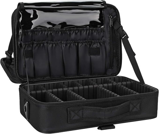 Relavel Makeup Bag Travel Makeup Train Case 13.8 inches Large Cosmetic Case Professional Portable Makeup Brush Holder Organizer and Storage with Adjustable Dividers and Shoulder Strap Black