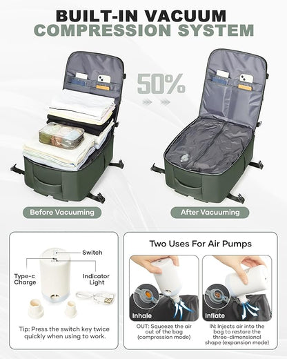 coofay Large Vacuum Backpack Travel with Pump Vacpack Travel Backpack with Vacuum System Compression Backpacks for Travel Easy Vac Pack Carry on Luggage