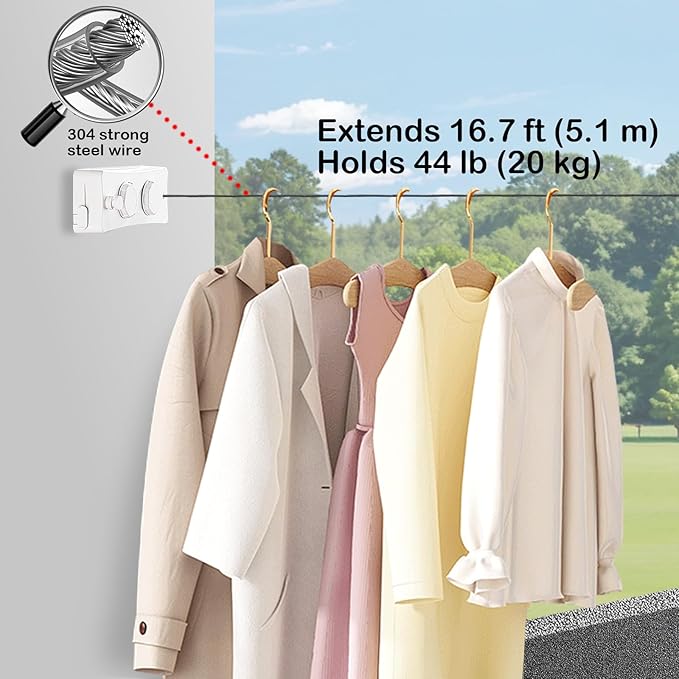 Retractable Clothesline - Heavy Duty 44lb Dual 304 Stainless Lines,16.7ft Anti-Sag Design,Install for Indoor/Outdoor Use (White, Dual Lines)