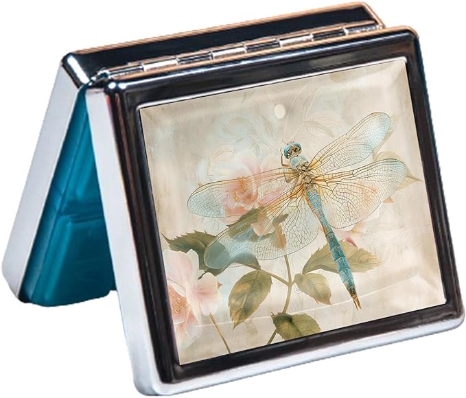 7 Days Chromed Shiny Silver Pill Organizer with Mirror Inside Has 8 Separate Compartments Rectangle,Versatile Storage for Medication - Ideal Travel Accessory (Watercolor Dragonflies)
