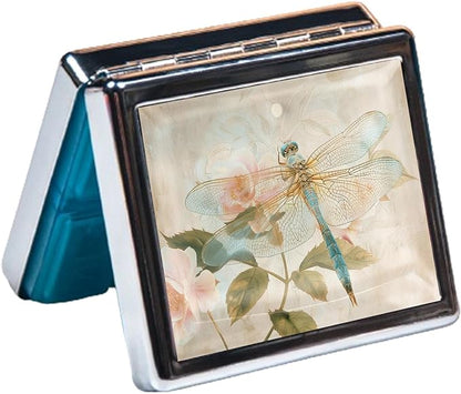 7 Days Chromed Shiny Silver Pill Organizer with Mirror Inside Has 8 Separate Compartments Rectangle,Versatile Storage for Medication - Ideal Travel Accessory (Watercolor Dragonflies)