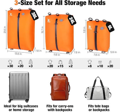 3 Pack Vacuum Bags for Travel with Pump, 3-Size Set Reusable Vacuum Compression Bags for Luggage, Space Saver IP67 Waterproof Vacuum Packing Cubes for Suitcase&Backpack, Orange