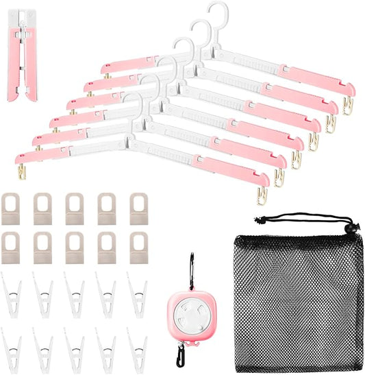 6 Pack Foldable Travel Hangers with Clips & Adjustable Clothesline, Portable Collapsible Hangers with Storage Bag for Suitcase, Hotel, RV, Cruise Essentials Set (Pink)