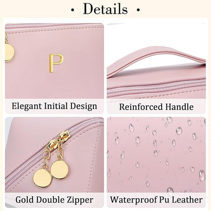 Birthday Gifts for Women Teen Girl, Personalized Initial Makeup Organizer Bag Set, Open Flat Travel Cosmetic Bag With Clear Divider and Handle(Pink,P)