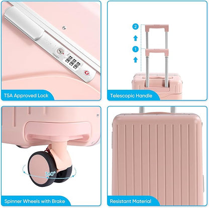 20'' Luggage with Child Seat, Ride On Suitcase with Shockproof Silent Spinner Wheels, TSA Lock, Carry On Luggage with Foldable Backrest, Bag Hook for Kids.