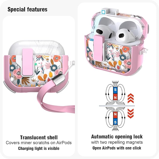 WENEW Case for AirPods 3 Case Cover Secure Lock Automatic Snap Switch Clip Cleaner Kit Lanyard Women Stylish Flower Armour Hard Shell Full Body Front LED Visible (Pink Flower, AirPods 3rd)