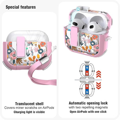 WENEW Case for AirPods 3 Case Cover Secure Lock Automatic Snap Switch Clip Cleaner Kit Lanyard Women Stylish Flower Armour Hard Shell Full Body Front LED Visible (Pink Flower, AirPods 3rd)