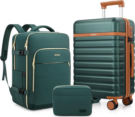 Luggage Sets 3 Piece, Carry On Luggage 20In With Spinner Wheels,PC Hardside Suitcase Set with TSA Lock,Durable Carry On Suitcase With Travel Backpack for Men (Dark Green, 3 piece set (BP/20inch))