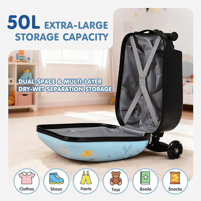 smilesun 4-in-1 Detachable Scooter Luggage for Kids & Teens, Hardside Ride-On Suitcase with Dinosaur Design, Lightweight Foldable, Perfect Travel Gift for Boys(Light Blue 22-inch)