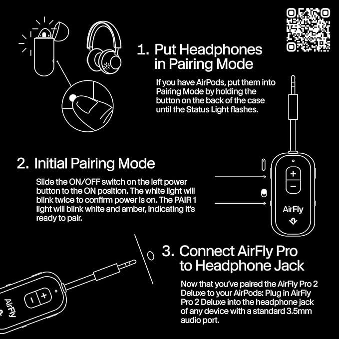 AirFly Pro 2 – Bluetooth Adapter for Airplane, Pair 2 AirPods or Wireless Headphones – 3.5mm AUX Bluetooth Transmitter and Receiver for Cars, Boats, Treadmills, TVs– Airplane Travel Essentials, Black