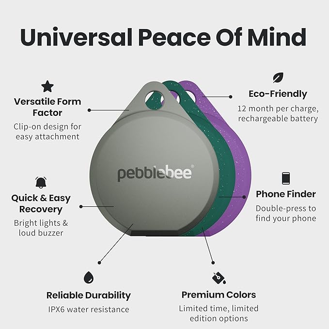 Pebblebee Clip 5 | Rechargeable Bluetooth Tracker Tag for Keys & Bags | Alternative to Air Tag & Android Trackers | 130 dB Siren, Bright LED Strobe, 12-Month Battery, Alert Safety Mode & Phone Finder