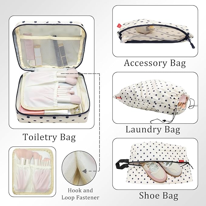 U+U 10 Set Compression Packing Cubes - Ultralight Travel Organizers with Laundry Bag and Cosmetic Bag, Space-Saving Suitcase Organizer for Travel, Business Trip and Family Vacation (Polka Dot)