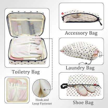 U+U 10 Set Compression Packing Cubes - Ultralight Travel Organizers with Laundry Bag and Cosmetic Bag, Space-Saving Suitcase Organizer for Travel, Business Trip and Family Vacation (Polka Dot)