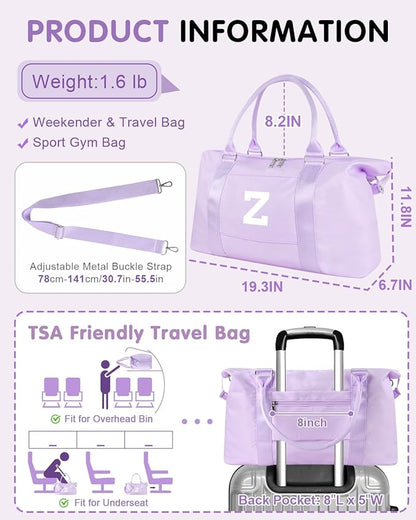 Daughter Niece Gifts for Teen Girl Kids, Initial Travel Duffel Bag Sports Gym Bag Personalized Gifts Weekender Bag，Monogram Overnight Bag Cute Dance Bag Birthday Bridesmaid Gifts for Women(Purple, Z)