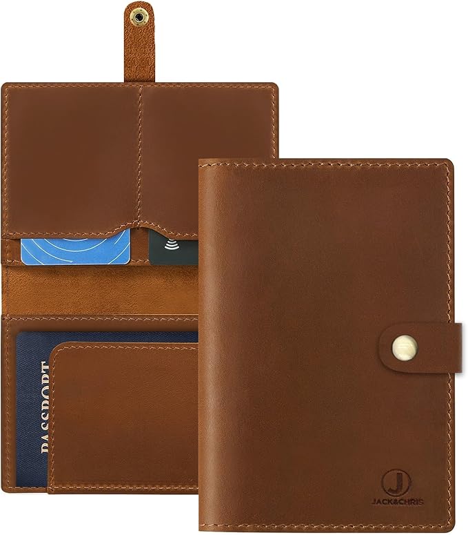 Jack&Chris Genuine Leather Passport Holder For Travel, RFID Blocking Handmade Passport Holder with Card Case Organized & Safe, Quality Travel Essentials for Women and Men for Gifting, Brown