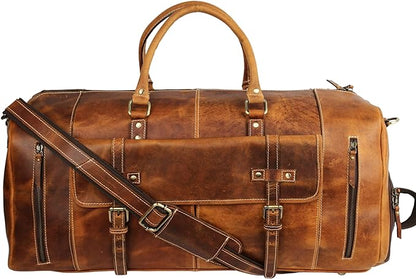 KomalC Leather Duffel Bags for Men and Women Full Grain Leather Travel Overnight Weekend Leather Bags Sports Gym Duffel for Men (Distressed Tan, 28 Inch)