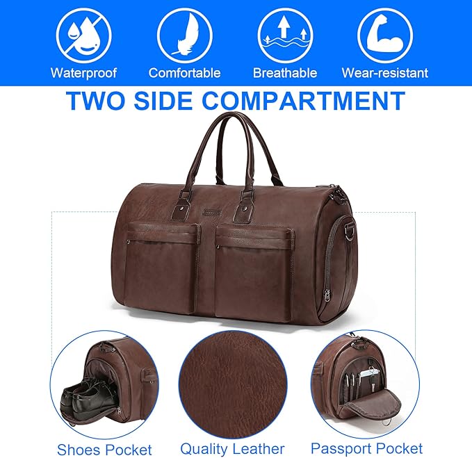 Modoker Convertible Leather Garment Bag, Carry on Garment Bags for Travel Waterproof Garment Duffel Bag Gifts for Men Women Business - 2 in 1 Hanging Suitcase Suit Travel Bags in Brown