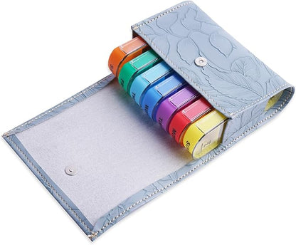 Pill Organizer,LIZIMANDU Weekly Travel Pill Case Box Medication Reminder Daily AM PM, Day Night 7 Compartments,for 4 Times A Day, 7 Days a Week-Includes Leather PU Carrying Case(1-Carved Blue4)