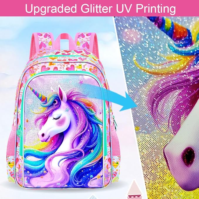 WZLVO 3PCS Kids Backpack for Girls, Unicorn Dinosaur Animal Prechool Elementary Kindergarten School Bookbag with Lunch Box