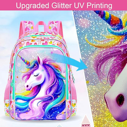 WZLVO 3PCS Kids Backpack for Girls, Unicorn Dinosaur Animal Prechool Elementary Kindergarten School Bookbag with Lunch Box