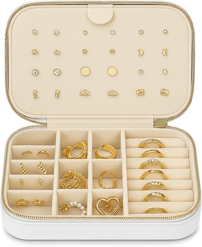 Small Travel Jewelry Box Organizer for women & Girls, Portable Small Travel Jewelry Case Organizer for Traveling, PU Leather Mini Box for Earrings, Necklaces, Rings, Bracelets - White
